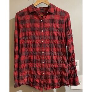 J McLaughlin Top Long Sleeve Red Plaid‎ Button Up Crinkled Cotton Small
